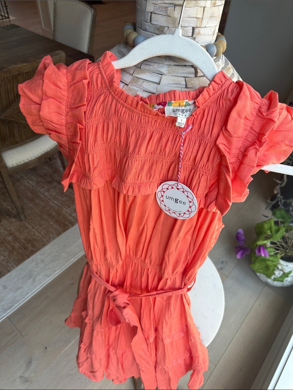Umgee Coral Ruffle-Sleeve Tie-Waist Mini Dress - Picture 4 of 4
